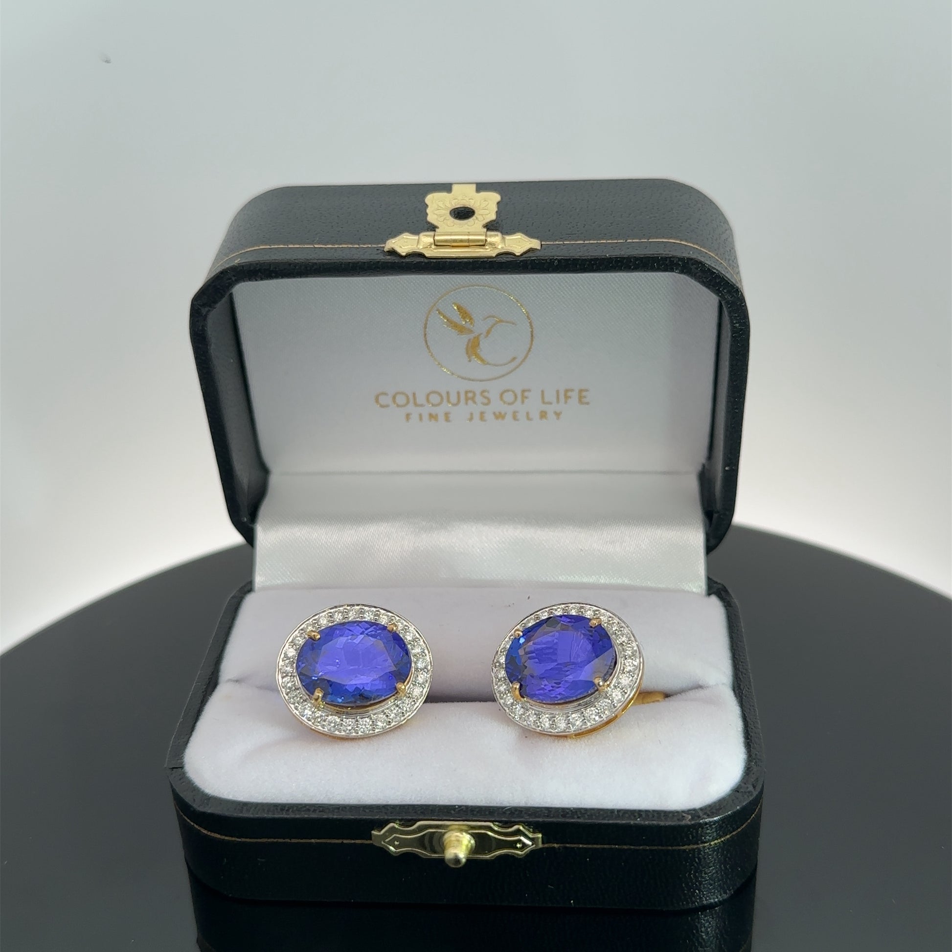 Elegant Tanzanite and Diamond Halo Stud  Cufflinks in 18K Gold - Colours of Life Jewelry