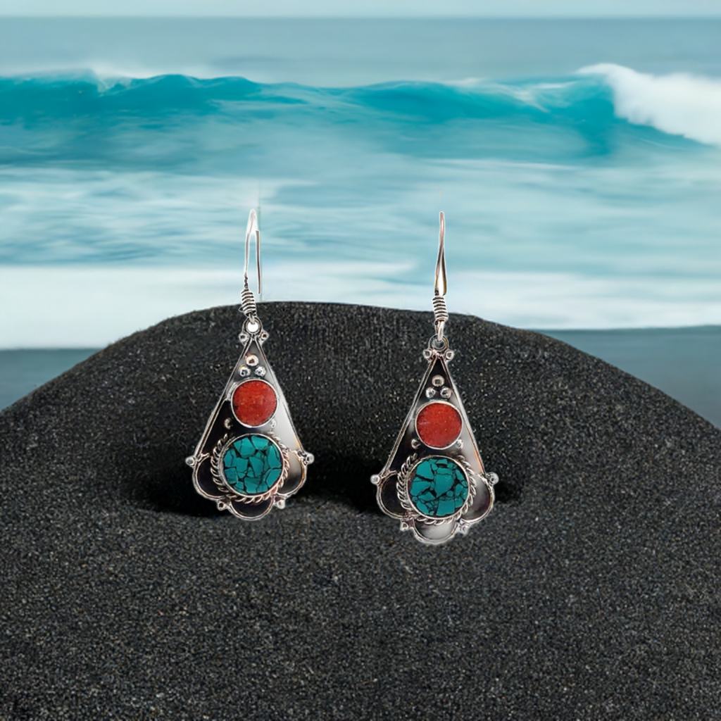 Turquoise and Coral Silver Earrings