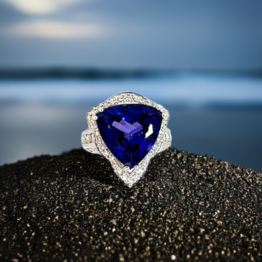 deep blue tanzanite and diamond ring