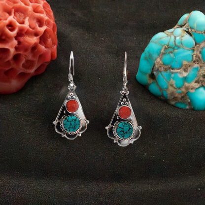 Turquoise and Coral Silver Earrings