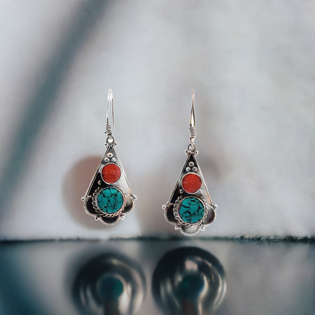 Turquoise and Coral Silver Earrings